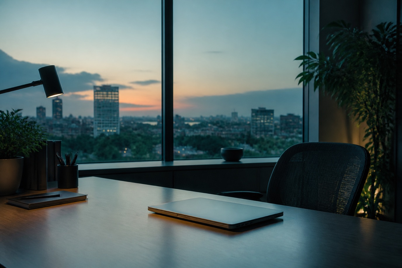 Calm office desk at dusk — MyWorkspace by Intryl